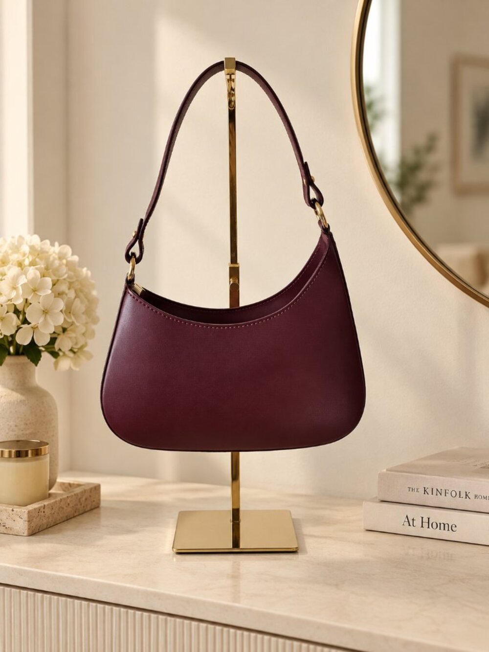 Burgundy Leather Crescent Bag, Italian Leather Shoulder Bag, Small Crossbody Bag
